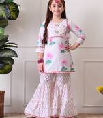 Girl's floral printed kurta sharara set     pink lotus print. ilks001