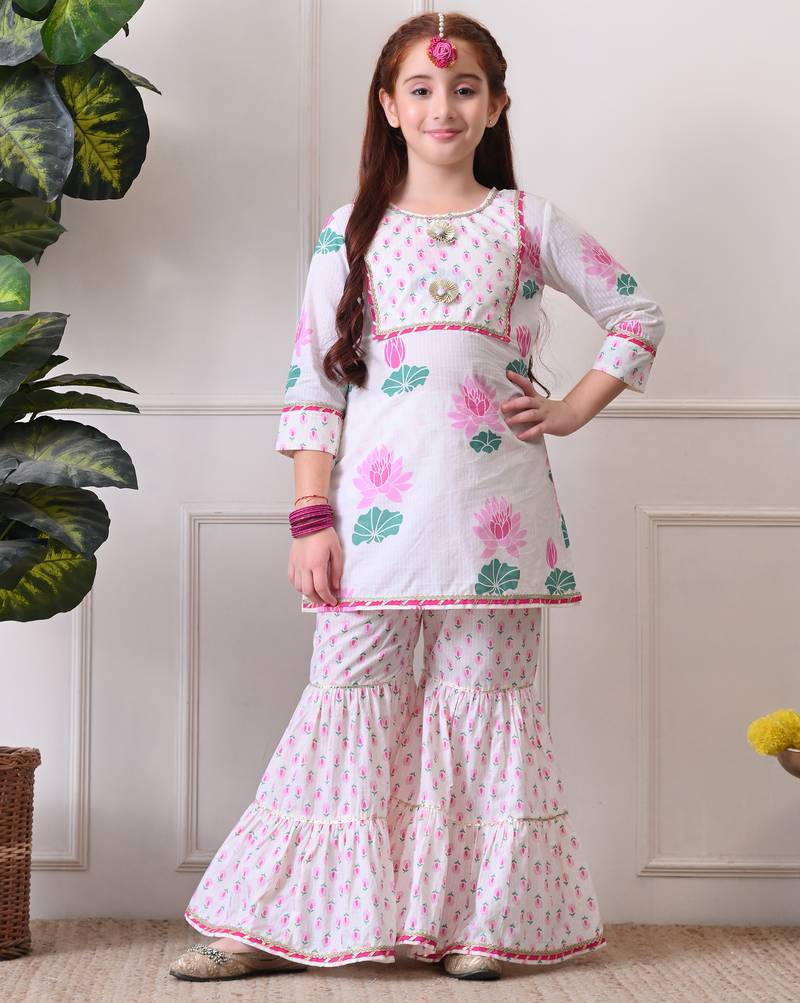 Girl's floral printed kurta sharara set     pink lotus print. ilks001
