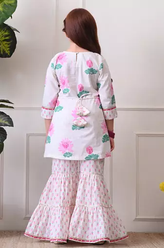 Girl's floral printed kurta sharara set     pink lotus print. ilks001