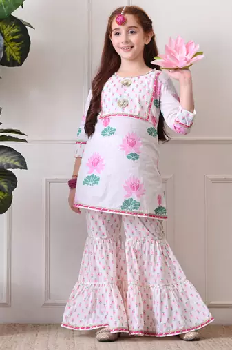 Girl's floral printed kurta sharara set     pink lotus print. ilks001