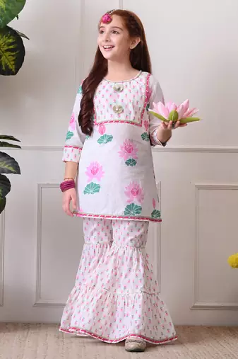 Girl's floral printed kurta sharara set     pink lotus print. ilks001