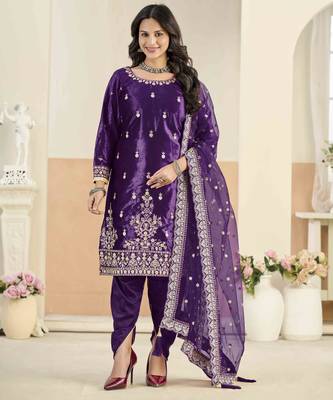 Violet ice velvet heavy thread embroidery with sequins work salwar kameez 1