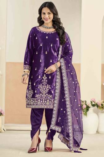 Violet ice velvet heavy thread embroidery with sequins work salwar kameez