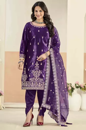 Violet ice velvet heavy thread embroidery with sequins work salwar kameez