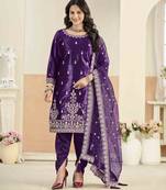 Violet ice velvet heavy thread embroidery with sequins work salwar kameez