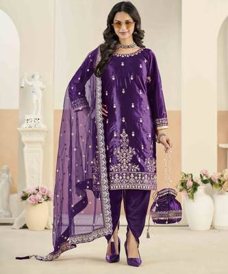 Violet ice velvet heavy thread embroidery with sequins work salwar kameez 2