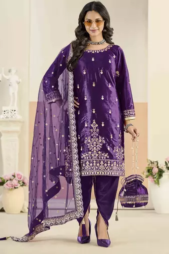 Violet ice velvet heavy thread embroidery with sequins work salwar kameez