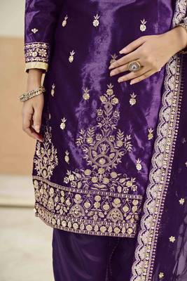 Violet ice velvet heavy thread embroidery with sequins work salwar kameez 4