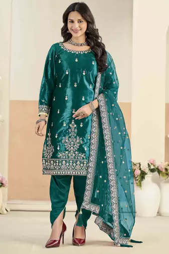 Teal ice velvet heavy thread embroidery with sequins work salwar kameez