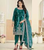 Teal ice velvet heavy thread embroidery with sequins work salwar kameez
