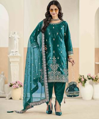 Teal ice velvet heavy thread embroidery with sequins work salwar kameez 2
