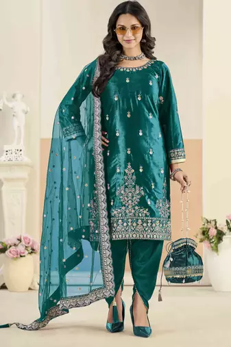 Teal ice velvet heavy thread embroidery with sequins work salwar kameez