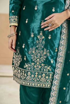 Teal ice velvet heavy thread embroidery with sequins work salwar kameez 4
