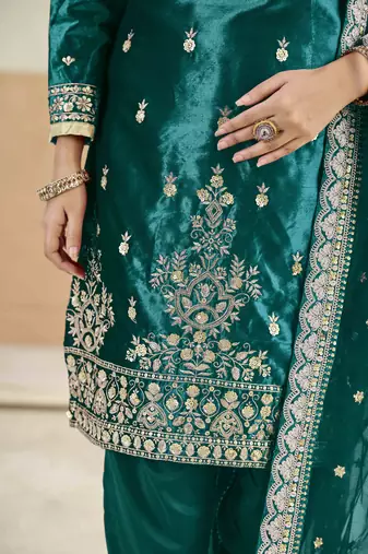 Teal ice velvet heavy thread embroidery with sequins work salwar kameez