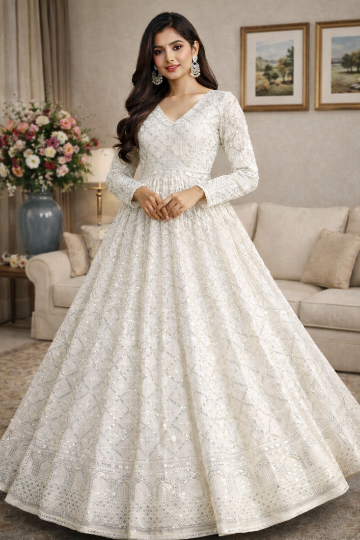 Faux blooming white kali cut suit with sequins thread embroidery, stitched pants & dupatta set