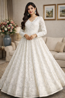 Faux blooming white kali cut suit with sequins thread embroidery, stitched pants & dupatta set 1