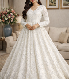 Faux blooming white kali cut suit with sequins thread embroidery, stitched pants & dupatta set