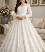 Faux blooming white kali cut suit with sequins thread embroidery, stitched pants & dupatta set