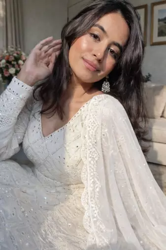 Faux blooming white kali cut suit with sequins thread embroidery, stitched pants & dupatta set
