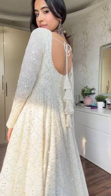 Faux blooming white kali cut suit with sequins thread embroidery, stitched pants & dupatta set 3