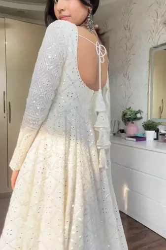 Faux blooming white kali cut suit with sequins thread embroidery, stitched pants & dupatta set