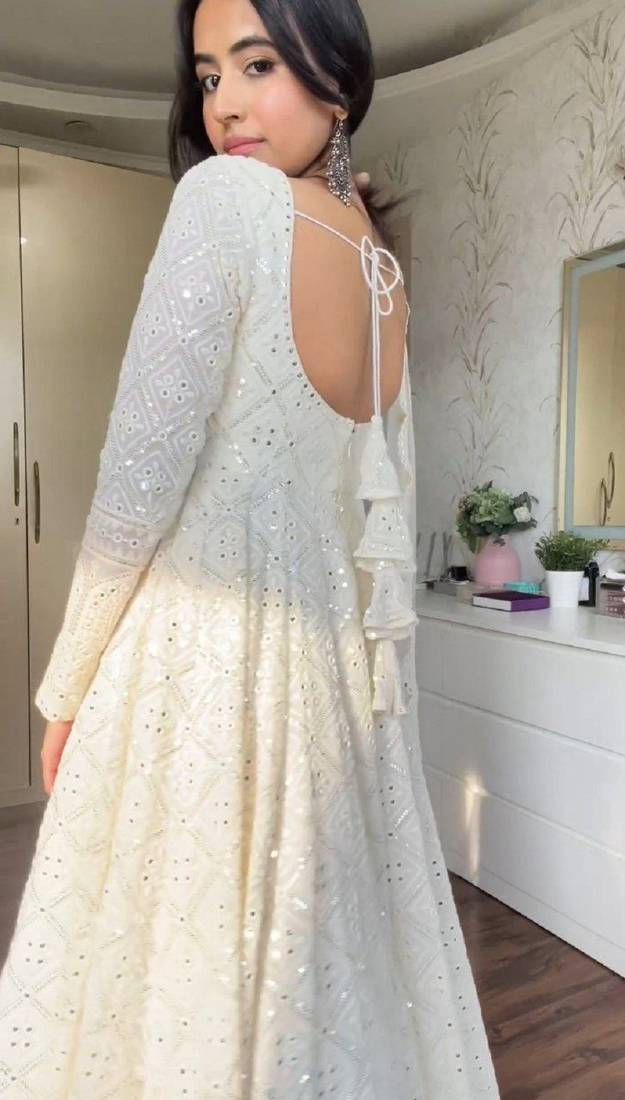 Faux blooming white kali cut suit with sequins thread embroidery, stitched pants & dupatta set