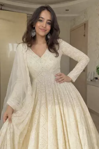 Faux blooming white kali cut suit with sequins thread embroidery, stitched pants & dupatta set