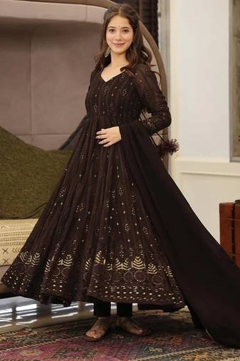 Black georgette anarkali suit with allover embroidery