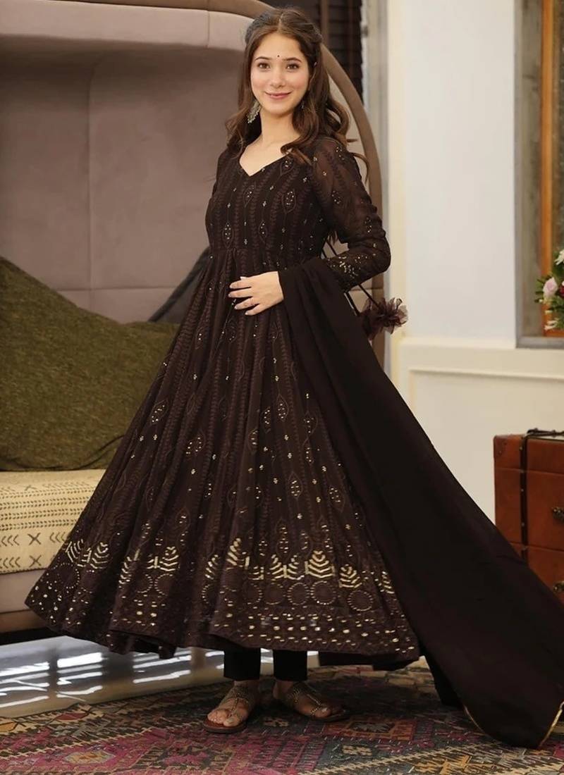 Black georgette anarkali suit with allover embroidery