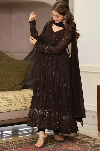 Black georgette anarkali suit with allover embroidery