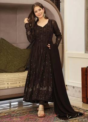 Black georgette anarkali suit with allover embroidery 3