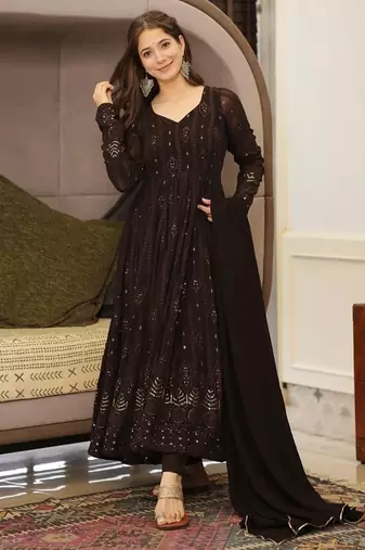 Black georgette anarkali suit with allover embroidery