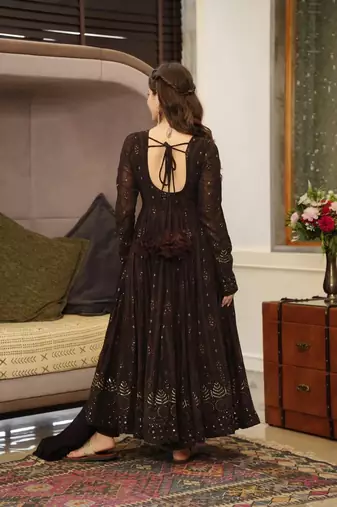 Black georgette anarkali suit with allover embroidery