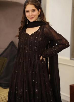 Black georgette anarkali suit with allover embroidery 5