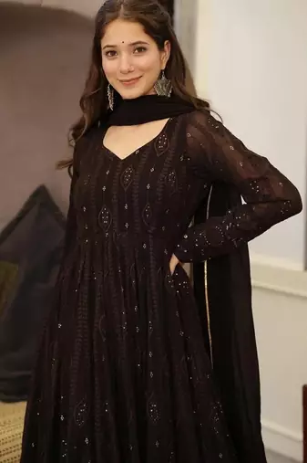 Black georgette anarkali suit with allover embroidery