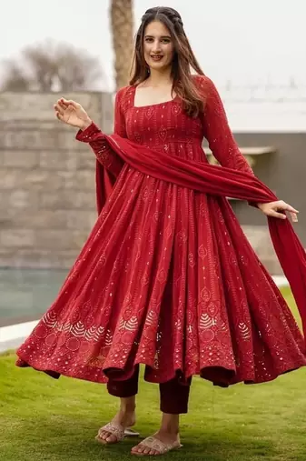 Red georgette anarkali suit with allover embroidery