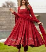 Red georgette anarkali suit with allover embroidery