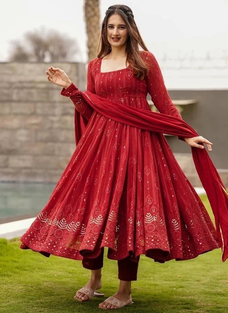 Red georgette anarkali suit with allover embroidery