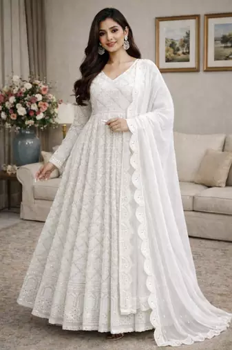 Faux blooming white kali cut suit with sequins thread embroidery, stitched pants & dupatta set