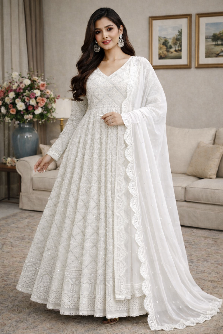 Faux blooming white kali cut suit with sequins thread embroidery, stitched pants & dupatta set