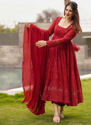 Red georgette anarkali suit with allover embroidery 2