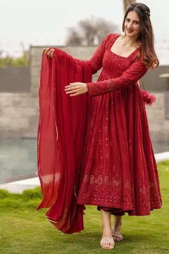 Red georgette anarkali suit with allover embroidery