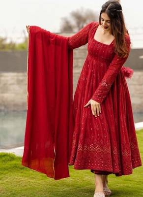 Red georgette anarkali suit with allover embroidery 3