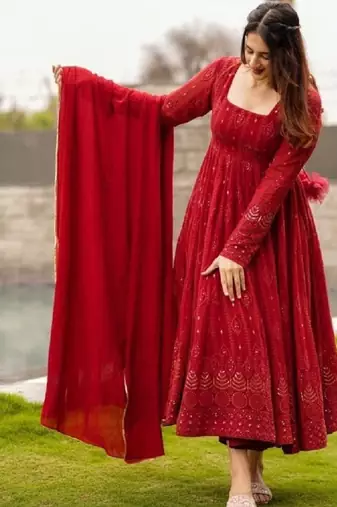 Red georgette anarkali suit with allover embroidery