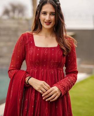 Red georgette anarkali suit with allover embroidery 4