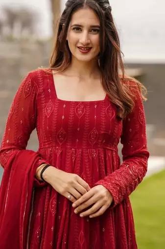 Red georgette anarkali suit with allover embroidery