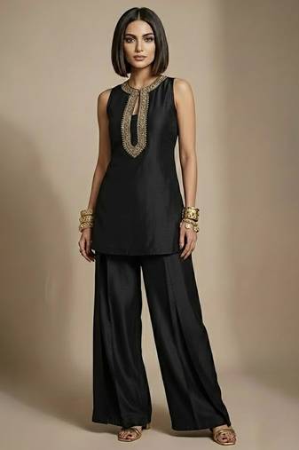 Black embroidered raw silk co ord set