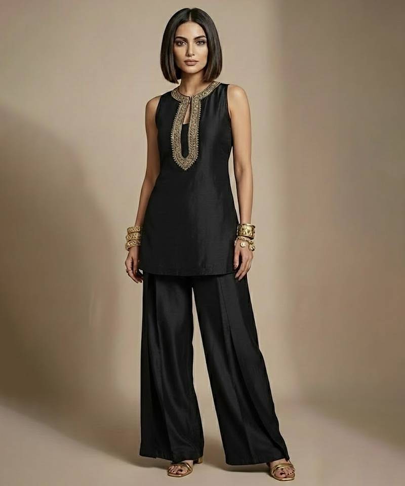 Black embroidered raw silk co ord set