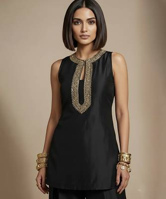 Black embroidered raw silk co ord set 2
