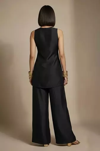 Black embroidered raw silk co ord set